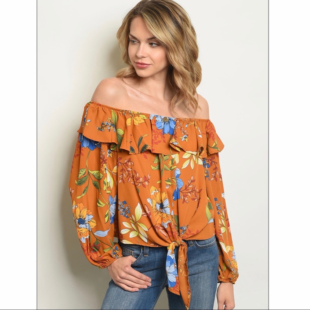 Peach Love California Off Shoulder Floral Blouse | Boho Ruffle Top | Long Sleeve
